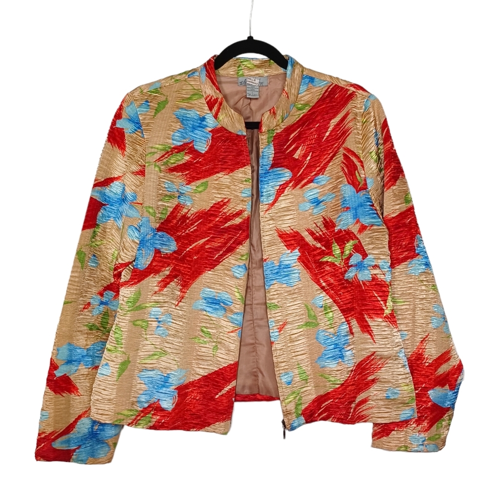 ANALOGY Tan Red and Blue Floral Brush Print Texture Pleated Blazer Jacket Large